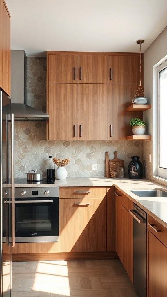 A modern kitchen with oat zellige tile backsplash, wooden cabinets, and natural light.